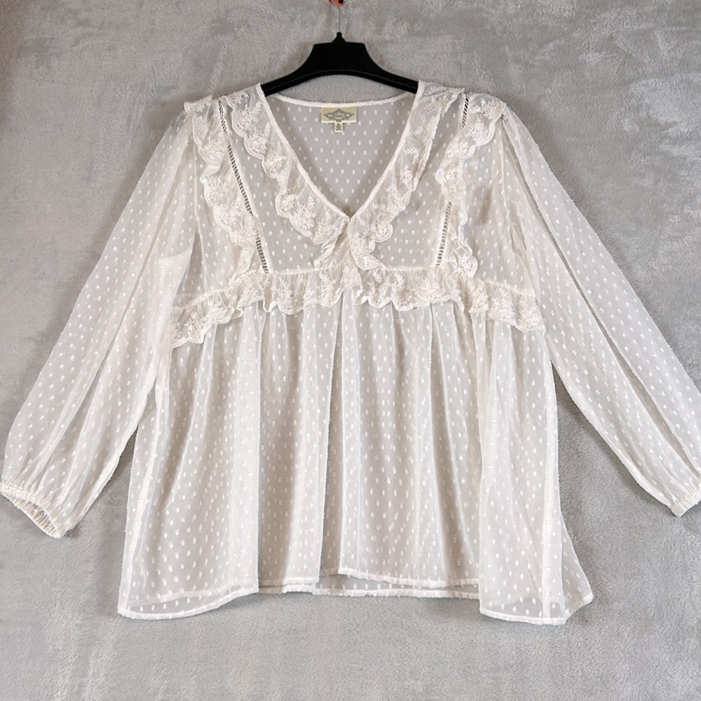 Henna S long sleeve semi sheer textured V-neck lace blouse size XL